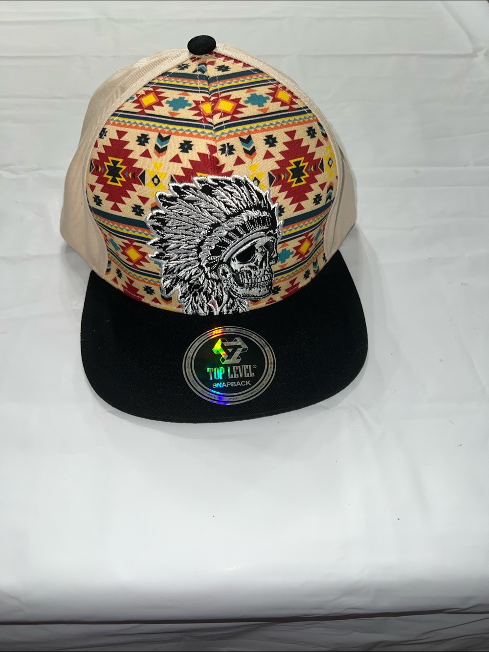 Snap-Back hat.  Top Level Tan & Black Tribal Skull Snapback Hat